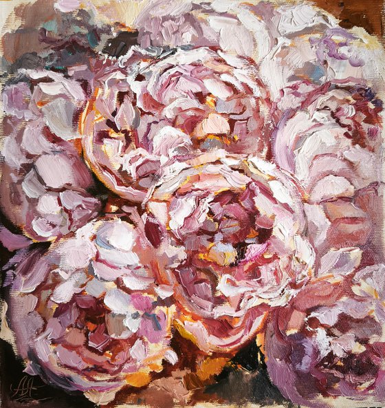 Peonies painting, miniature