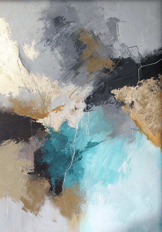 "Blue Rime" Abstract teal gray gold art