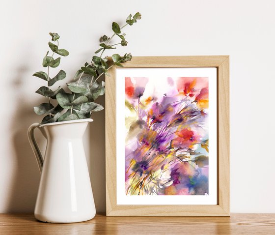 Abstract bouquet, watercolor loose flowers painting "Dance of color"