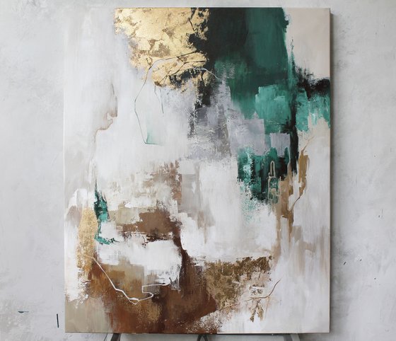 "Emerald Flux 2" Green gold abstract art