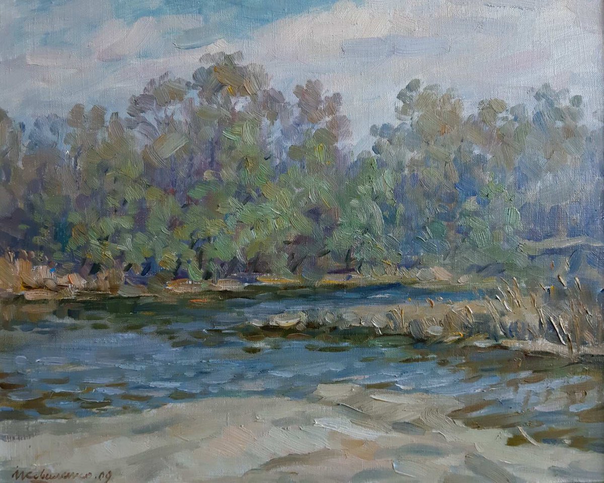 Impressionistic Landscape Oil Painting By Ivan Kovalenko, 20 X 16, River By The Forest, Original Artwork