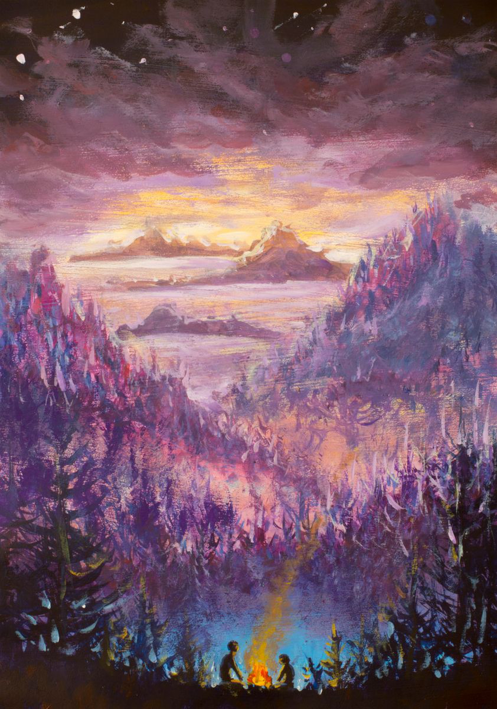 Original Painting Two People Burn Fire In Forest Artfinder