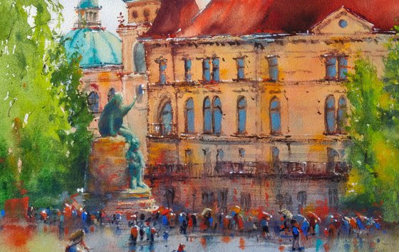 Ljubljana after rain | Original watercolor painting (2018) Hand-painted Art Small Artist | Mediterranean Europe Impressionistic
