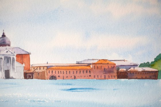 Venice seaview. Original watercolor. Italy architecture landscape seascape sea travel blue red sky decor