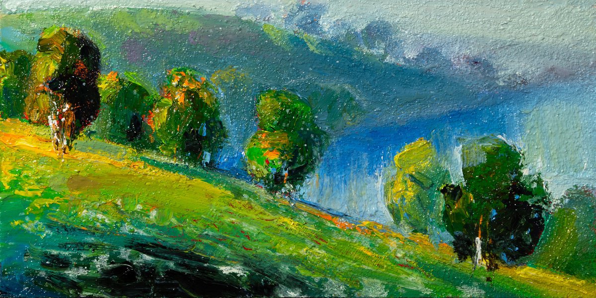 Impressionistic Landscape Oil Painting By Daria Zavadenko, 12 X 6, Toward The Quiet Water, Original Artwork