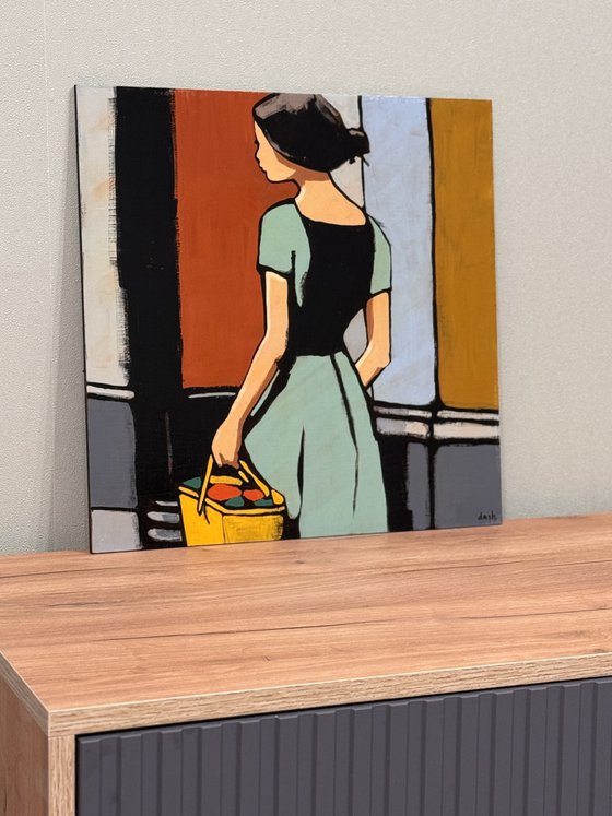 "Woman with Yellow Bag" Original art 16x16in