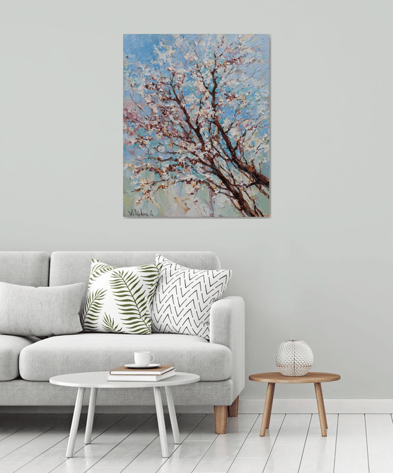 Flowering apricot tree Original oil painting