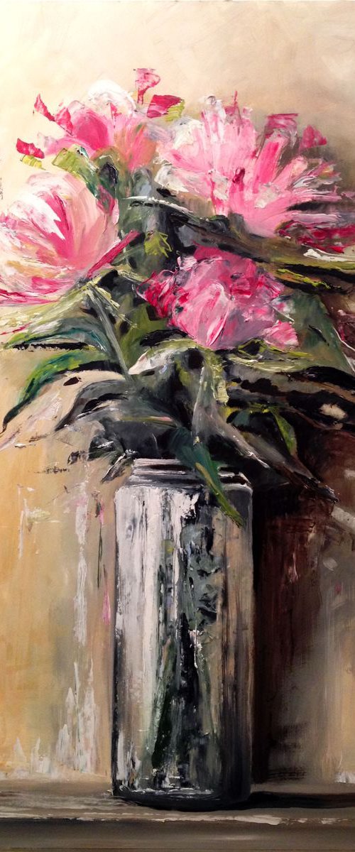 Flowers in a jar - original oil painting on paper on wood- 40 x 59 cm ( 16' x 23 ' ) by Carlo Toma