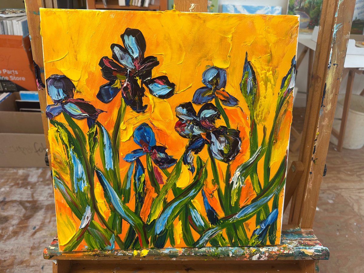Impressionistic Botanical Oil Painting By Oksana Fedorova, 16 X 16", Irises On A Yellow Background, Original Artwork