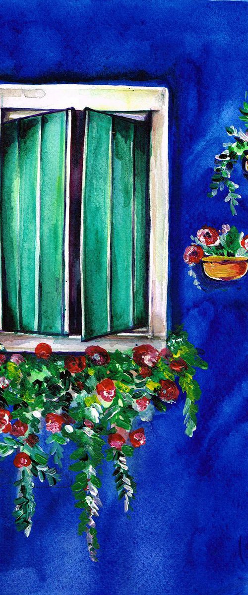 Green and white Window with Flowers by Diana Aleksanian