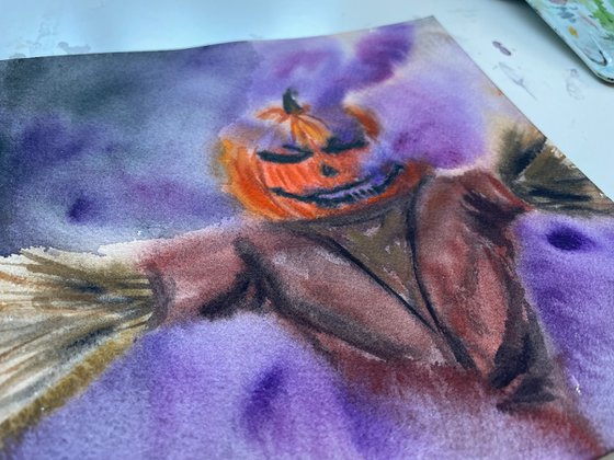 Halloween Watercolor Painting Original, Scarecrow Artwork, Spooky Season Wall Art