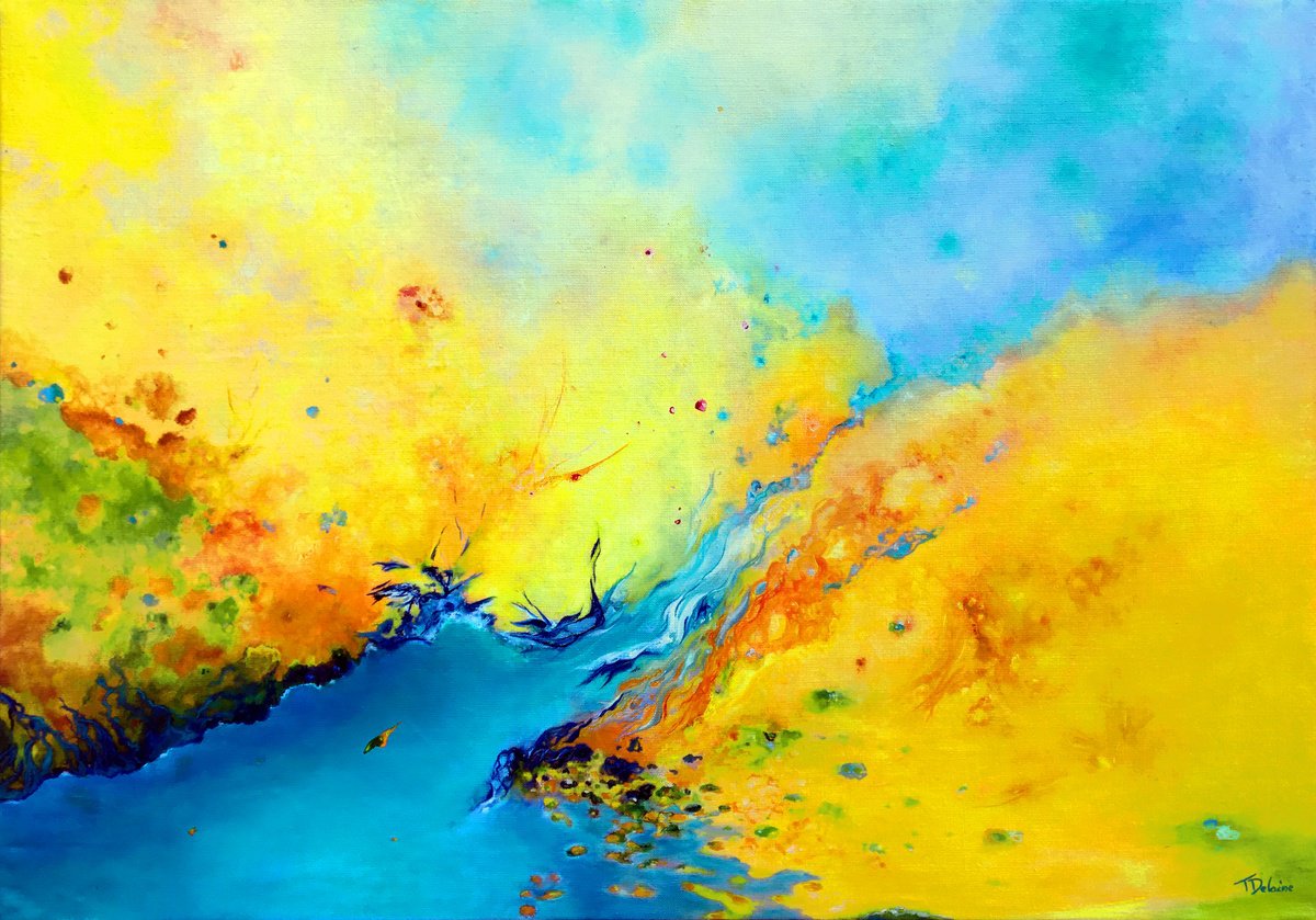 Organic Abstract Oil Painting By Theophile Delaine, 42 X 30", The Good Times N°2, Original Artwork