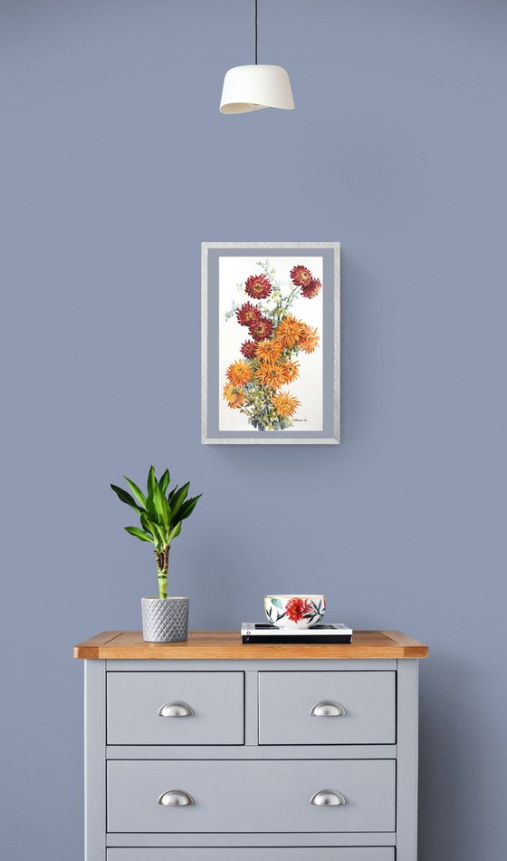 Autumn palette of chrysanthemums / ORIGINAL watercolor ~12x20in (30x50cm)