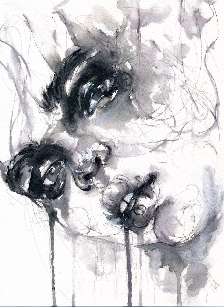 Expressive Portrait Ink Drawing By Doriana Popa, 7 X 9, Drooling, Original Artwork