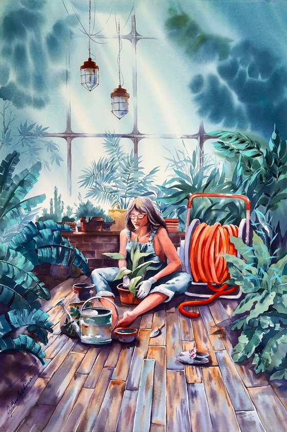 Botanical garden fairy #02- large watercolor painting, girl in the greenhouse