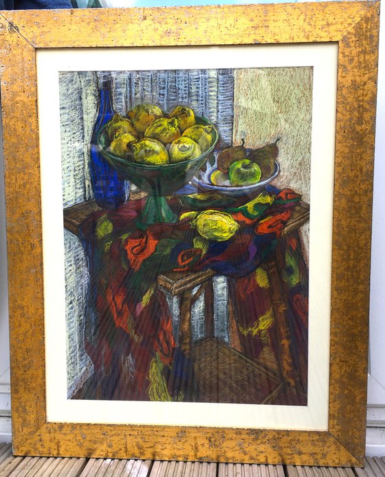 Rustic still life with Lemons and a colourful scarf