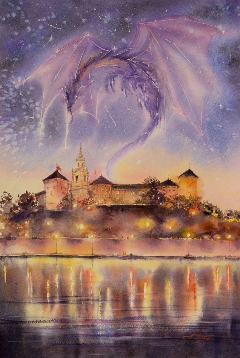 Impressionistic Cityscapes Watercolour By Eve Mazur, 15 X 22, The Sky Above Wawel, Original Artwork