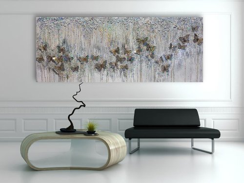 Butterflies oasis white gold glitter glass holographic abstract 3d painting with golden butterflies by Henrieta Angel
