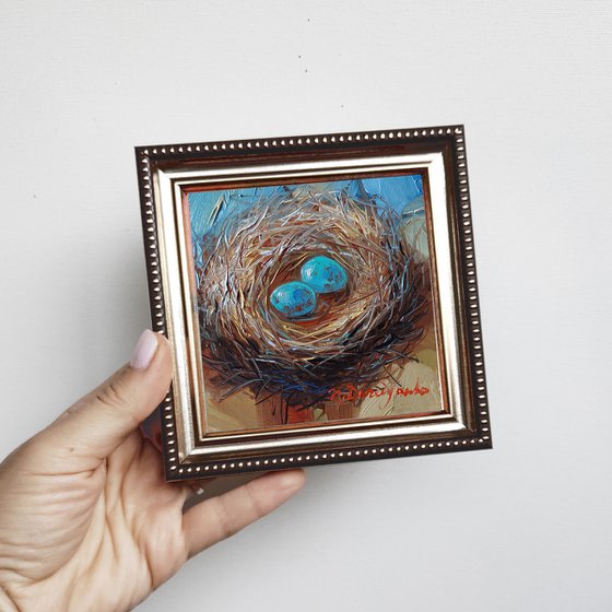 Nest oil painting original 4x4 in frame, Two blu bird egg miniature oil painting wall art framed, Small painting Mom day gift