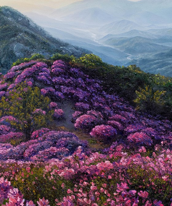 "Where flowers live", landscape oil floral palette knife painting