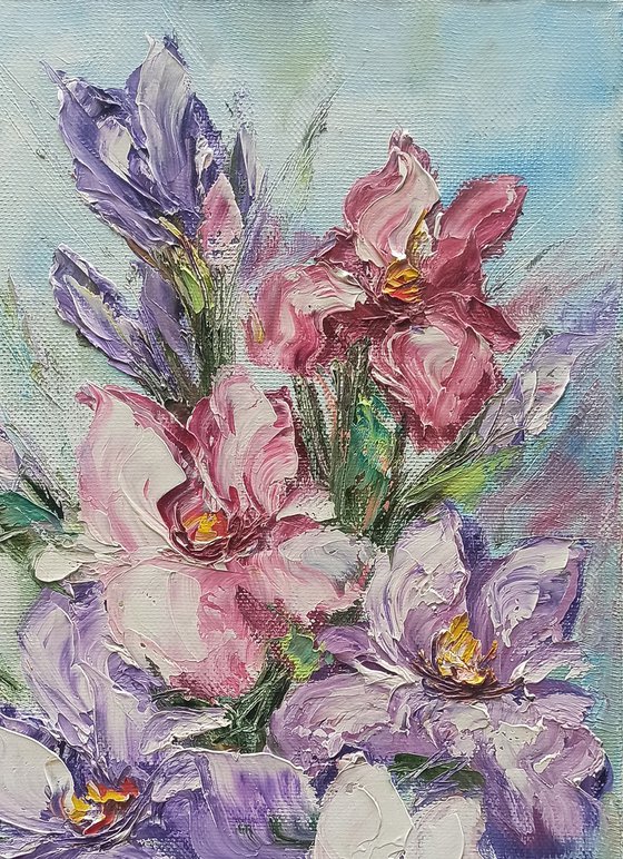 Irises (40x80cm, oil painting, palette knife)