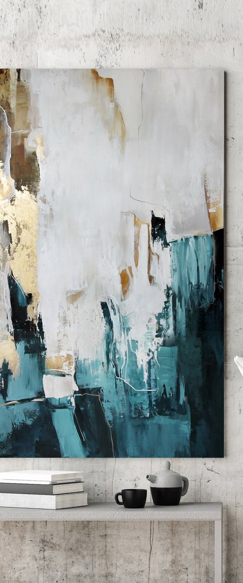 "Teal bloom 2" Teal  gold cream abstract art by Yana Sagan
