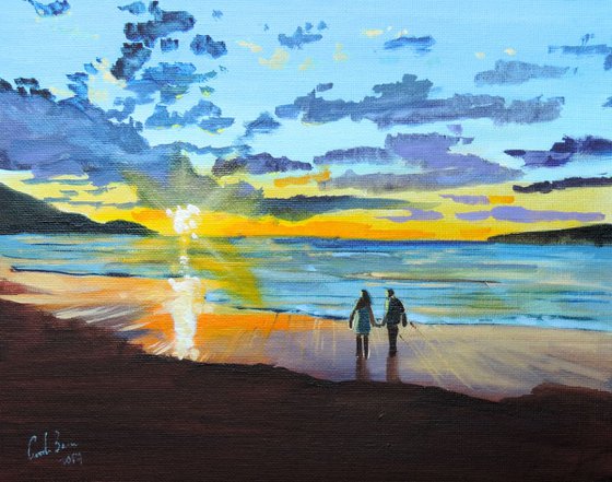 Holding hands at the beach sunset oil painting