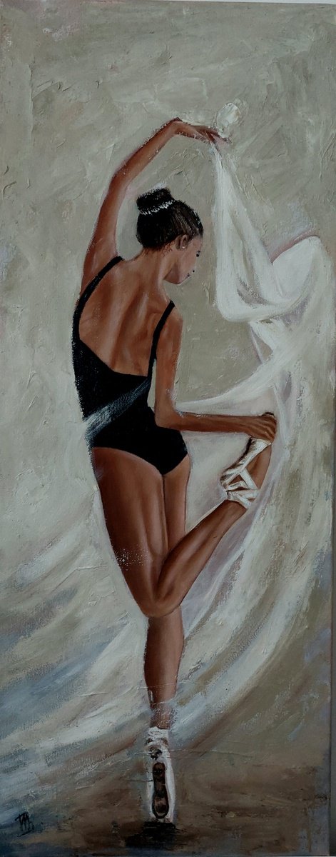 Expressive Portrait Oil Painting By Ira Whittaker, 12 X 30, Graceful Dancer, Original Artwork