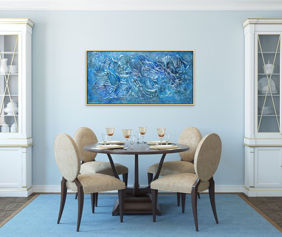 FOREVER IN A MOMENT. Abstract Blue , Teal, Turquoise Textured 3D Art, Coastal Painting with Dimensions