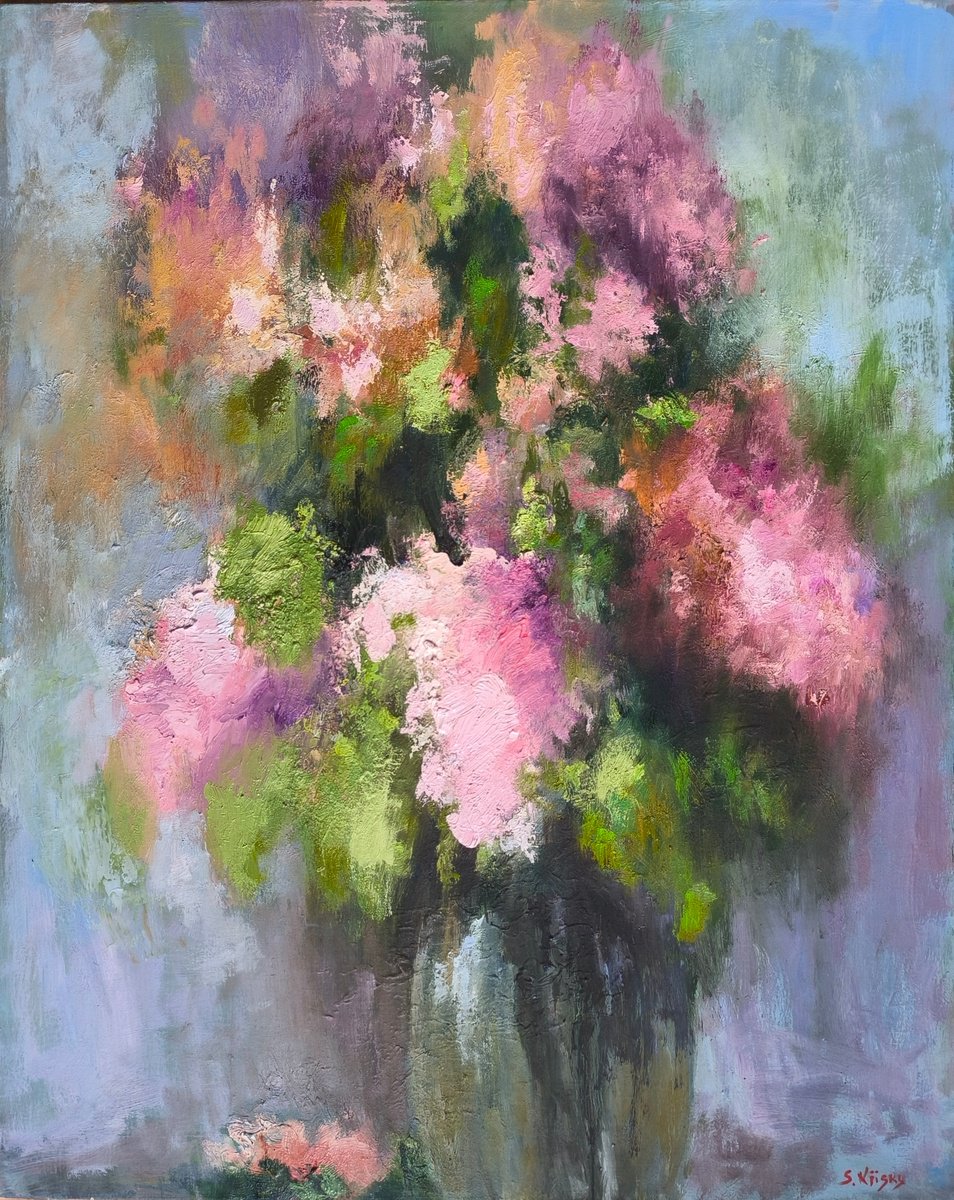 Expressive Botanical Oil Painting By Svetlana Grishkovec-Kiisky, 24 X 31", Lilac, Original Artwork
