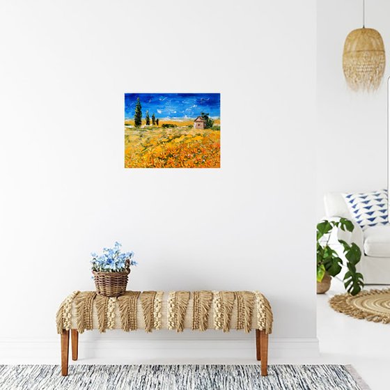 Ukraine Painting Landscape Original Art Sunflower Field Oil Artwork Ukrainian Sky Home Wall Art 18 by 14" by Halyna Kirichenko