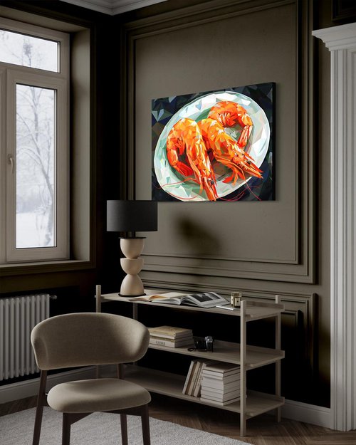 KING PRAWNS ON A WHITE PLATE by Maria Tuzhilkina