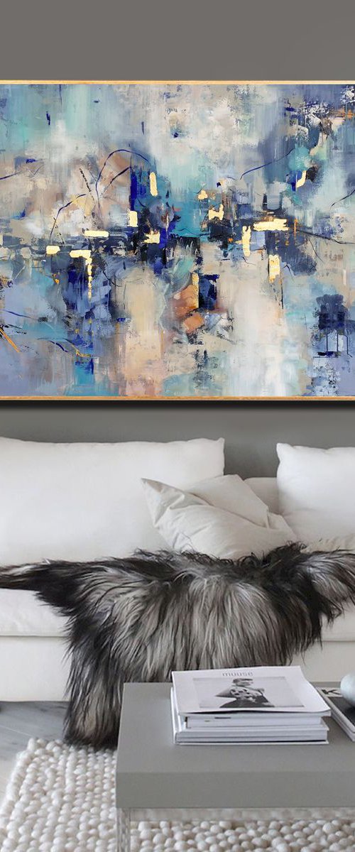 Indigo Clouds - Extra Large Oversize Abstract Painting 71" x 40" , Blue Grey Gold Leaf Soft Colors White Gray Painting by Lana Guise