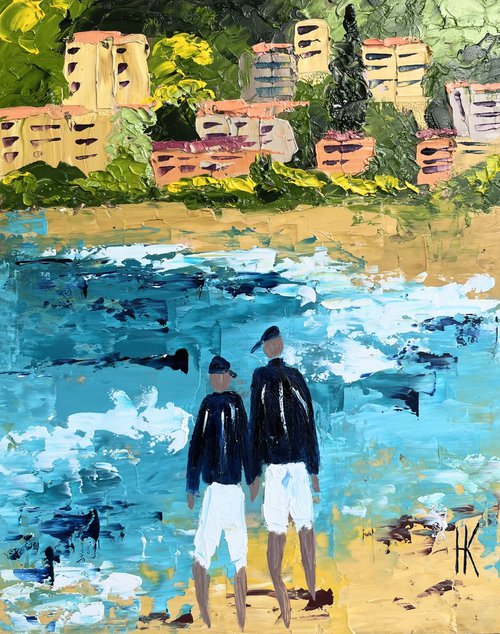 Couple in Positano original oil impasto painting by Halyna Kirichenko