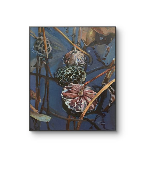 Lotus pond.Winter.Oil painting