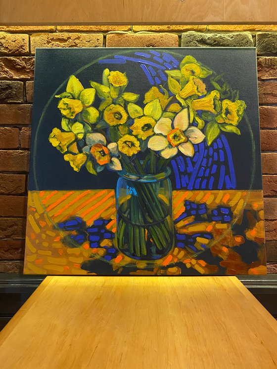 Still life with a jar of daffodils