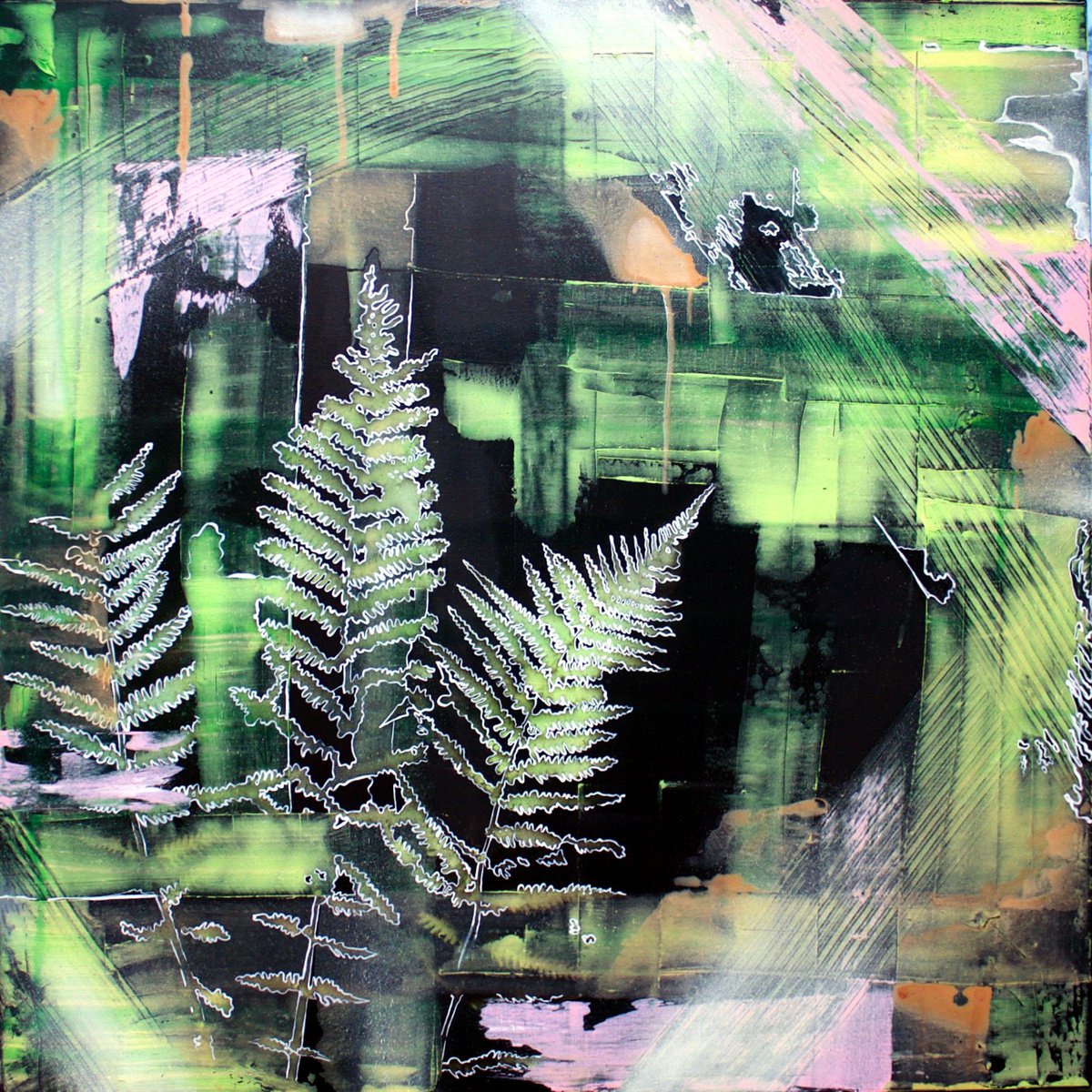 Abstract with Fern in Green and Pink by Laura Sttefeld