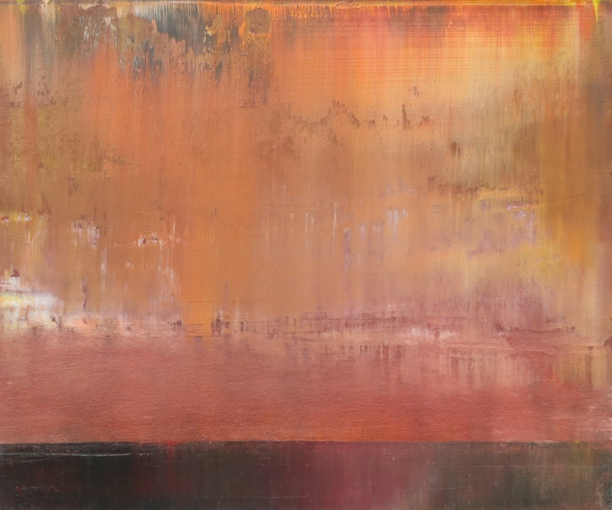 Abstract Landscape Oil Painting By Howard Sills, 12 X 10, Sunset Over Waters Deep, Original Artwork