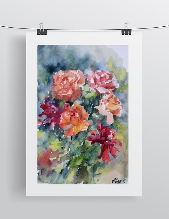 Floral watercolor hand painting Roses, original artwork, nature wall art, flowers fine art,  apartment wall decor