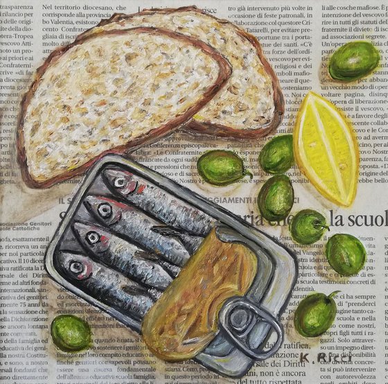 "Sardines Tin with Bread Slices, Olives and Lemon on Newspaper" Original Oil on Wooden Board Painting 8 by 8"(20x20cm)