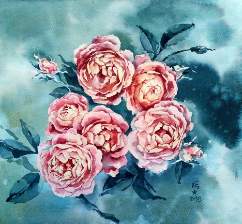 Abstract watercolor painting "Pink roses" square format by Ksenia Selianko