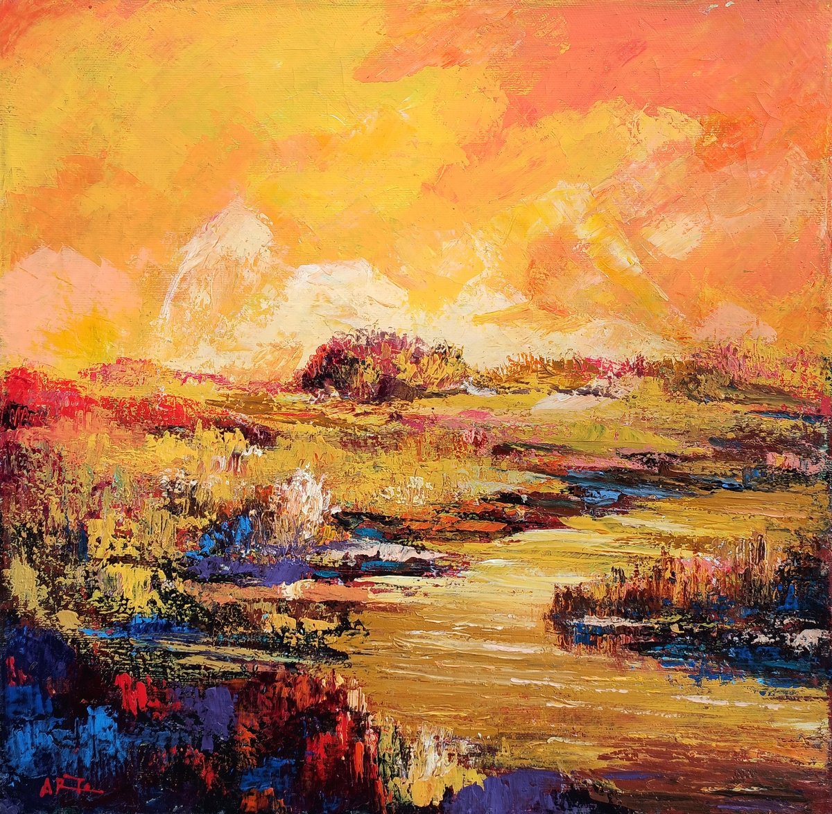 Impressionistic Landscape Oil Painting By Arto Mkrtchyan, 16 X 16, Sunset, Original Artwork