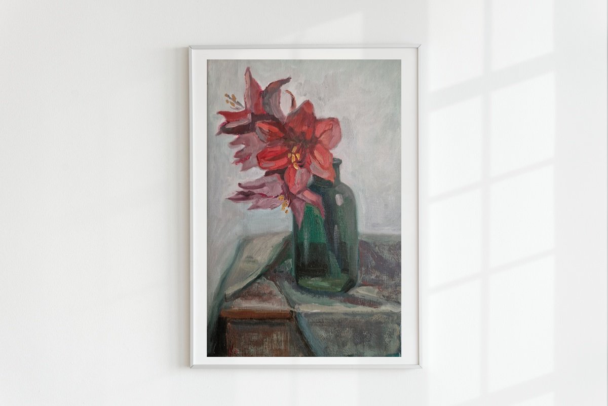 Impressionistic Botanical Oil Painting By Olena Kolotova, 12 X 18", Still-Life With Flower "Red Amaryllis", Original Artwork