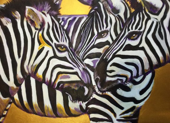 ZEBRAS on golden background.