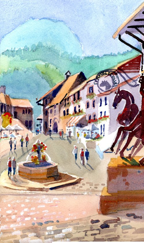 Gruyere, Switzerland. Chalets, fountain, mountains, Hotel de Ville. Town Hall. by Peter Day