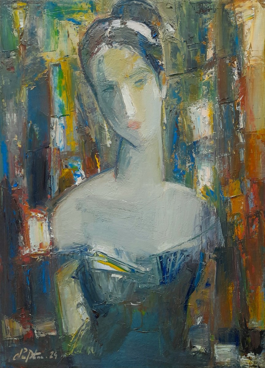 Abstract Portrait Oil Painting By Matevos Sargsyan, 17 X 23", Contemplative Beauty, Original Artwork