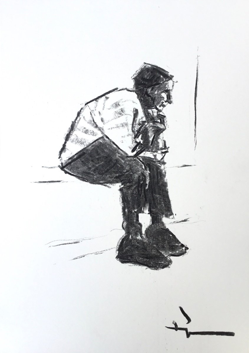 Expressive Charcoal Drawing , Man Sitting By Dominique Deve, 9 X 13, Artwork For Sale On Artfinder