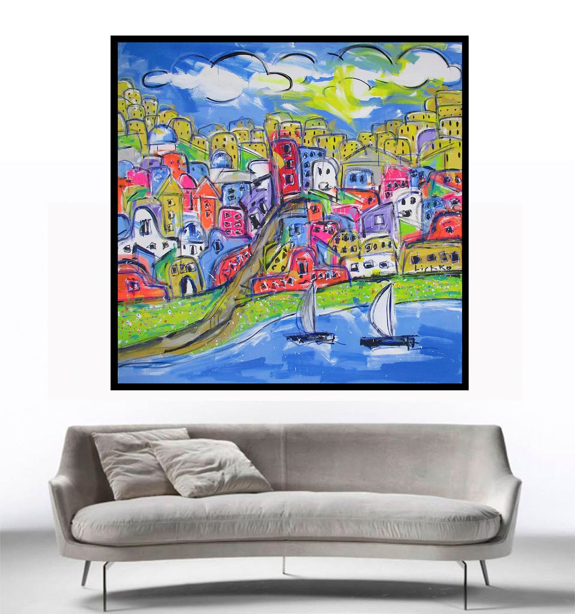 Expressive Cityscapes Acrylic Painting By V. Lishko, 51 X 51", Dream Town, Original Artwork