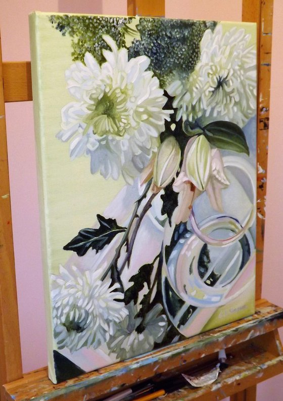 Glass Reflections with white Chrysanthemums