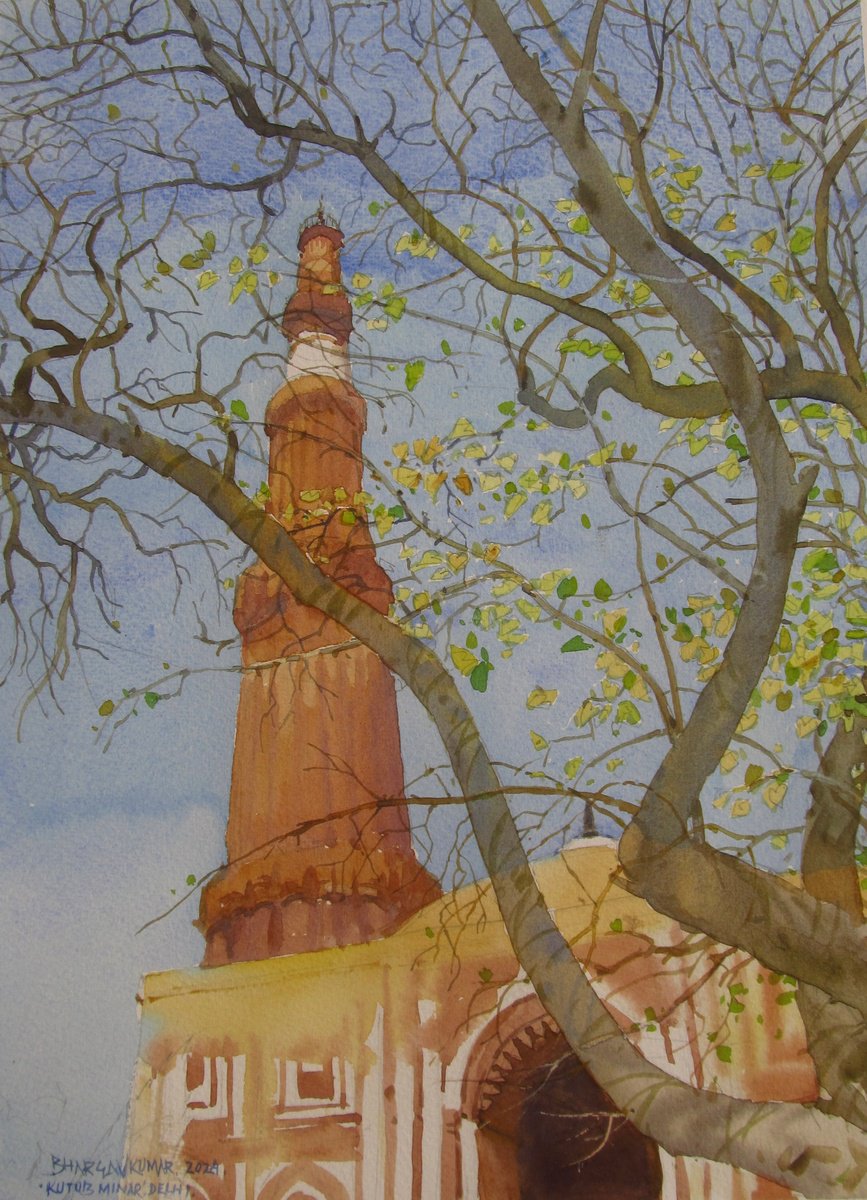 Impressionistic Cityscapes Watercolour By Bhargavkumar Kulkarni, 10 X 14, Kutub Minar 2, Original Artwork